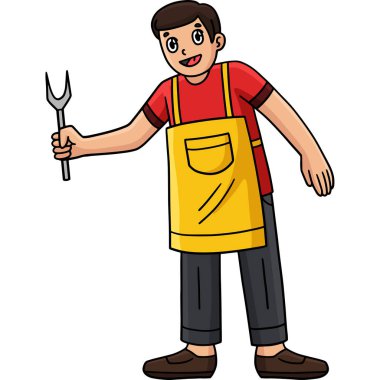 Bu karikatür klipinde bir barbekü ve ızgara baba elinde çatal illüstrasyonunu gösteriyor..