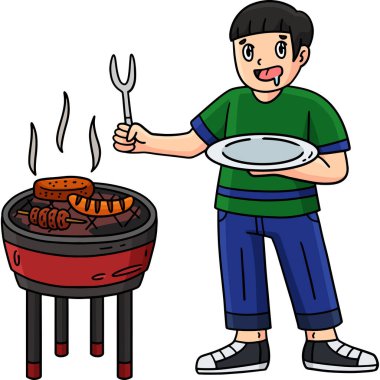 Bu karikatürde mangal ve ızgara yapan bir çocuk yemek resimlerini bekliyor..