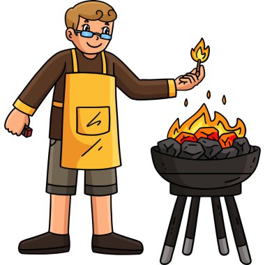 Bu karikatür klibinde barbekü ve ızgara yapan bir baba var..