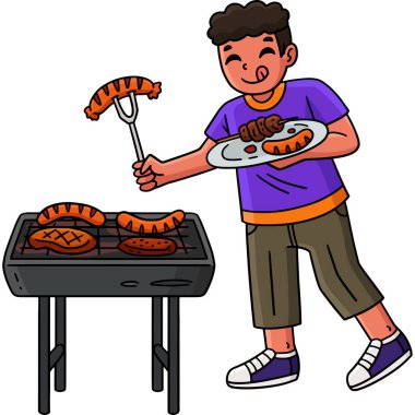 Bu karikatür klipinde bir barbekü ve ızgaracı çocuk tabağa yemek koyuyor..
