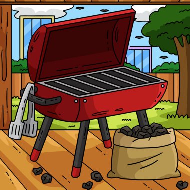 Bu karikatür parçası barbekü ve ızgara ve kömür resimlerini gösteriyor..