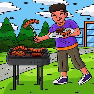 Bu karikatür klipinde bir barbekü ve ızgaracı çocuk tabağa yemek koyuyor..