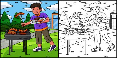 Bu boyama sayfasında mangal ve ızgaracı çocuk tabağa yemek koyuyor. Bu illüstrasyonun bir tarafı renkli ve çocuklar için bir ilham kaynağı..