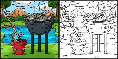Bu boyama sayfasında barbekü ve ızgara balık var. Bu illüstrasyonun bir tarafı renkli ve çocuklar için bir ilham kaynağı..