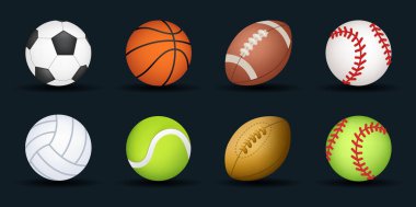 Spor topları vektör emoji illüstrasyonu. Futbol, basketbol, tenis, voleybol, beyzbol ve futbol ekipmanları. Arkaplanda 3 boyutlu çizgi film Biçim Topları koleksiyonu izole edildi.