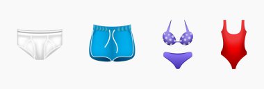 Şık kıyafet simgeleri seti. Beyaz arka planda izole edilmiş şık kıyafet ikonları. Erkek iç çamaşırı, mor mayo, şort, kadın bikini vücudu. Düz stil sembolü, alışveriş simgeleri.