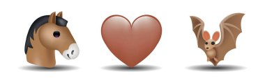 Beyaz arkaplanda 3 tane izole edilmiş ifade var. Kahverengi kalp, at, yarasa vektör emoji çizimi. 3d illüstrasyon seti.