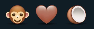 Beyaz arkaplanda 3 tane izole edilmiş ifade var. Kahverengi kalp, maymun, hindistan cevizi vektörü emoji çizimi. 3d illüstrasyon seti.