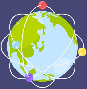 Dünya taşımacılığı ya da iletişim bağlantıları kavramı. Noktalar ve noktalı çizgilerle Dünya gezegeni. Havayolları yolu, ticaret yolları ya da online transferler. Gezegen ve dünya çapında bağlantı