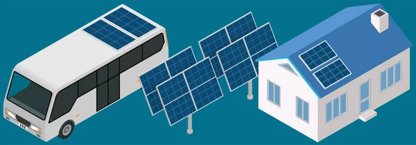Moderne Intelligente Elektrische Solarkraftwerkstechnologie Transport Bus Und Privathaus Mit Kraftwerk — Stockvektor