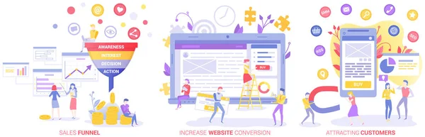 stock vector Increase conversion of website, attracting customers concept. Sales funnel with client behavior analysis. People work with seo optimization. Workers developing web page, analysing market, advertising