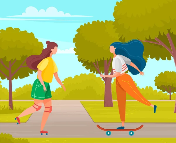 若者のアクティブなライフスタイル極端なスポーツセット 女の子ローラースケートやスケートボードに乗る ヒップスタースポーツウォーク スケートボードとローラーブレード 10代の若者は都市公園で楽しい散歩をしています — ストックベクタ