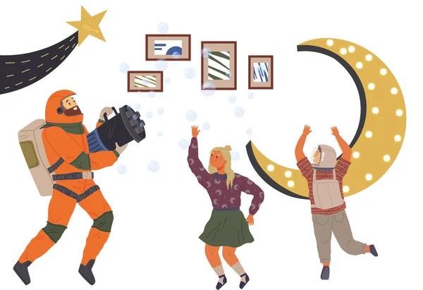 Set Happy People Different Costumes Space Party Characters Dressed Astronauts — Stockvector