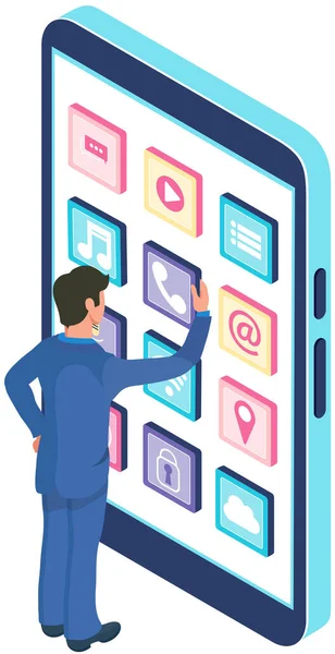 Mens Communiceert Met Mobiele Telefoon Digitaal Apparaat Drukt App Knop — Stockvector