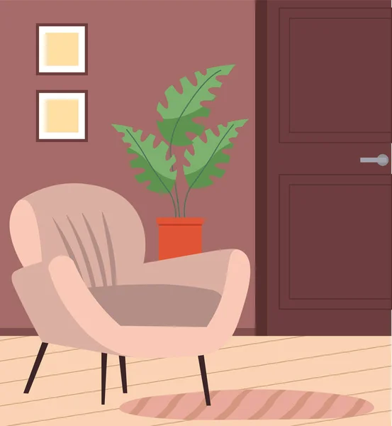 レトロな色のアームチェア ストライプの布の張りと現代の柔らかいアームチェア リビングルームの家具のデザインコンセプト現代的な家庭のインテリア要素を隔離ベクトル 木製の脚の柔らかい椅子 — ストックベクタ
