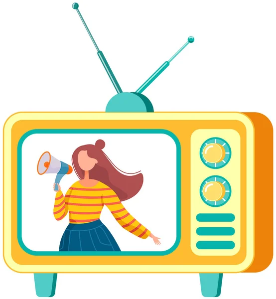 Κορίτσι Μιλάει Μεγάφωνο Στην Ρετρό Τηλεόραση Υπάλληλος Νέα Άτομα Αναζήτηση — Διανυσματικό Αρχείο