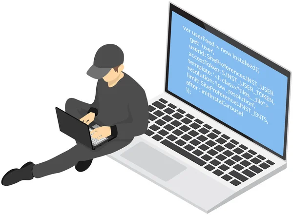キーボードを入力してノートパソコンで作業している人 ハッカーはプログラムコードをハックする コンピュータを使用したプログラマコーディング フロントエンドおよびバックエンド ソフトウェア開発およびテスト プログラミングまたはプログラム コーディング — ストックベクタ