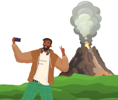 Akıllı telefonlu bir adam volkanik arka planda selfie çekiyor. Adam volkanla resim yapıyor. Yanan ateşle kaya zirvesi felaketi patlıyor. Volkanik patlama dağ vektör çizimi