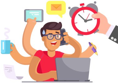 Stresli adam aynı anda birçok iş yapıyor. Erkek çalışan teslim tarihleriyle uğraşıyor. İşadamı çalışıyor, serbest vektör çizimi yapıyor. Çoklu görev, işte aşırı yükleme, beyin fırtınası konsepti