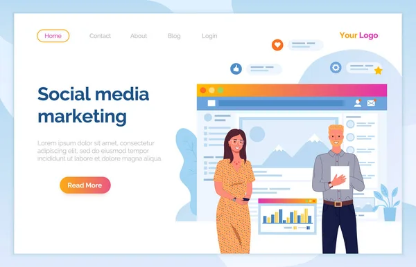 Networking Modello Sito Web Social Media Marketing Team Lavora Con — Vettoriale Stock