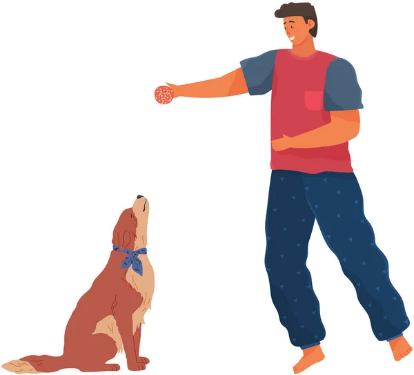 Мужчина Владелец Домашнего Животного Собакой Играющий Мячом Заботиться Четвероногих Друзьях — стоковый вектор