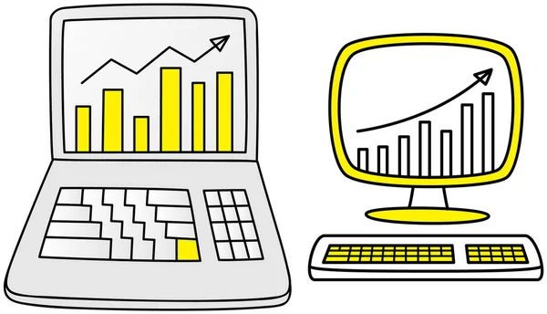 ラップトップの財務会計報告書 ビジネスプロセス図を扱うプログラム データ分析 プロジェクト管理 マーケティングリサーチ 分析と統計のためのコンピュータプログラム — ストックベクタ