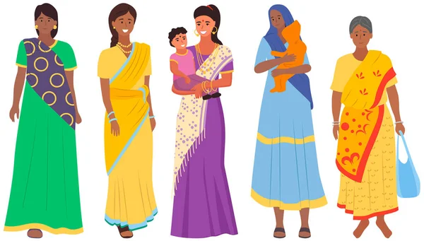 Indiánka Dítětem Sada Různých Stojící Staré Dospělé Mladé Ženy Oblečené — Stockový vektor