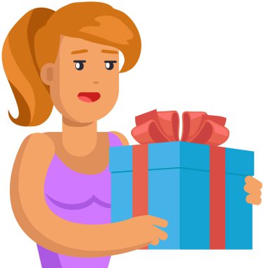 Elinde koyu mavi bir kutu tutan kadın. Hanımefendi bayramlarda hediyeler ve selamlar verir. Şimdiki vektör illüstrasyonlu kadın karakter. İçinde kırmızı kurdele ve fiyonk olan bayram hediyeli bir kız.