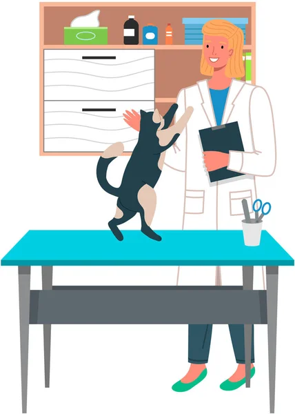 Žena Veterinář Při Pohledu Kočku Pro Diagnostiku Domácí Zdravotní Péče — Stockový vektor