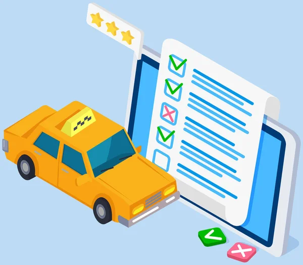 画面上の紙シートとタブレットの近くの自動車 最高の輸送サービス タクシーのフィードバックのシンボル 旅客輸送評価システムとアプリケーションの設計 文書テスト調査の隣の車 — ストックベクタ