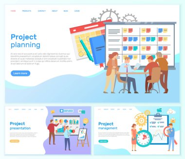 Ekip planlama tahtasına notlar yapıştırıyor, finansal büyüme diyagramını ve verileri analiz ediyor. Proje planlaması, yönetim ve sunum web sitesi şablonları ayarlandı. İnsanlar iş geliştirme ile çalışır