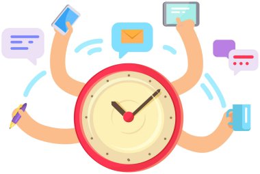 Çoklu görevle uğraşan birçok eli olan biri. Çalışanlar teslim tarihleriyle ilgileniyorlar. İş adamı birden fazla görev vektör çizimi yapıyor. Aşırı çalışma, aşırı çalışma, beyin fırtınası konsepti