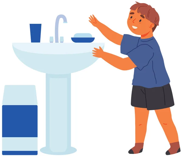 Kid Washing Hands Small Boy Standing Next Wash Basin Isolated — Stock Vector