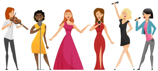 Група Красивих Дівчат Співає Пісню Мікрофон Насолоджуючись Караоке Виступом Співачка — стоковий вектор
