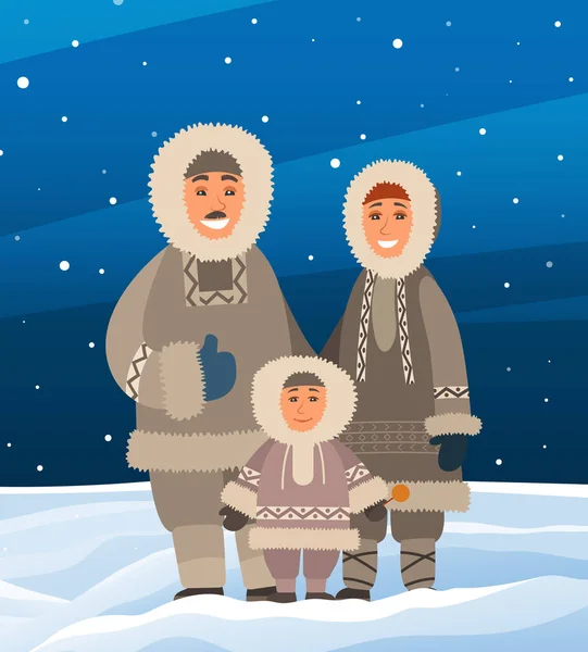 Matka Rodziny Eskimosów Ojciec Syn Stojący Razem Śnieżnym Krajobrazie Uśmiechnięci — Wektor stockowy
