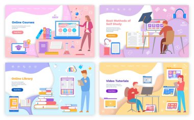 Eğitim web sitesinin arayüzü. Çevrimiçi kurslar, sanal okul, internet eğitimi. Web sayfası şablonu, iniş sayfası. Uzaktan öğrenme programı kullanan bir adam. Kendi kendine öğrenmenin en iyi yöntemleri