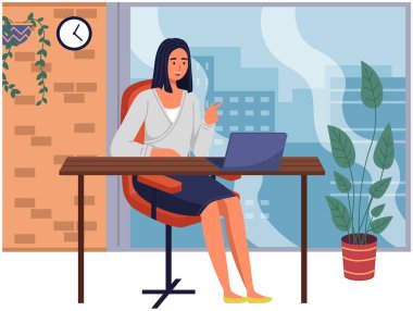 Kadın iletişimi, iş yeri bilgisayarla. Uzaktan çalışma, serbest çalışma, ofis, programlama, eğitim konsepti. Bayan dizüstü bilgisayarla oturup internette sörf yapıyor. Kadın serbest çalışan, evden çalışıyor.