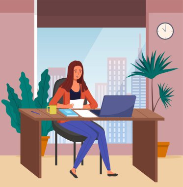 Ofiste bilgisayarla çalışan bir kadın. Karakter odada masada oturuyor, ekrana bakıyor ve iş arkadaşlarıyla internetten konuşuyor. Ofiste çalışan bir işçi. Masada dizüstü bilgisayarı olan kız öğrenci