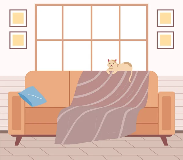リビングルームのインテリアデザインベクトルイラスト 猫はソファの後ろに寝そべっている アパートの家具の配置 毛布で覆われたソファの上のペット 自宅に居心地の良い家具や子猫と部屋 — ストックベクタ
