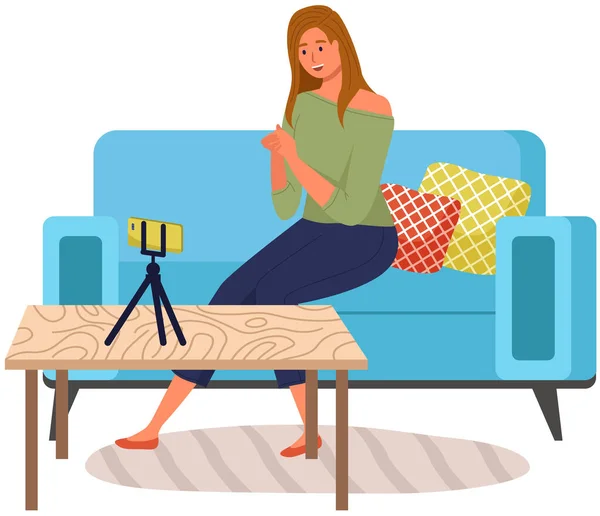 stock vector Podcaster woman character in office room interior. Girl listening audio podcast and speaking at live streaming use smartphone and laptop on her vlog. Podcaster making, blogger, technology concept