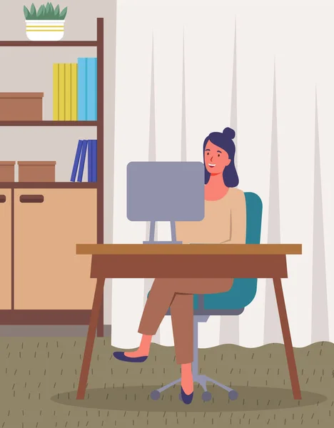 Γυναίκα Επικοινωνούν Χώρο Εργασίας Τον Υπολογιστή Απομακρυσμένη Εργασία Ελεύθερος Επαγγελματίας — Διανυσματικό Αρχείο