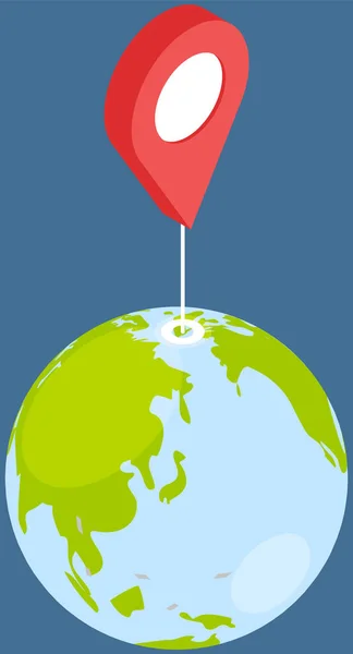 用红色指针矢量图解的卡通行星地球 旅行或Gps导航 定位概念 全球导航 用应用程序跟踪 带有标记的地球地图 世界数字计划 — 图库矢量图片