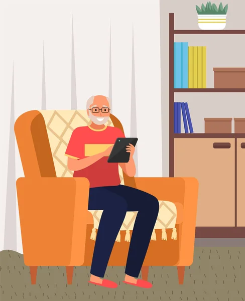 Ηλικιωμένος Άνθρωπος Που Προσαρμόζεται Στις Νέες Τεχνολογίες Και Διαδίκτυο Συνταξιούχος — Διανυσματικό Αρχείο