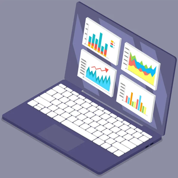 財務会計とラップトップ上の統計情報で動作します レポート付きのビジネスプロセスダイアグラムドキュメント データ分析アプリの監査 プロジェクト管理 マーケティングリサーチ グラフとチャートの分析 — ストックベクタ