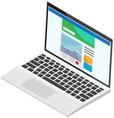 Açılan dizüstü bilgisayarın 3d stil çizimi üzerinde bilgisayar web tasarımı. Parlak renklerde kullanıcı arayüzü elemanları ile birlikte. Turizm konuları ya da haberlerle dolu bir web sitesi. Modern dijital teknolojiler