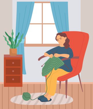 Kadınlar rahat bir ortamda koltukta otururken örgü örerler. Hobiler, iş, amelelik. Elle bağlanan sıcak şeyler. İğne ve iplik tutan kadın oturma odasında dinleniyor.