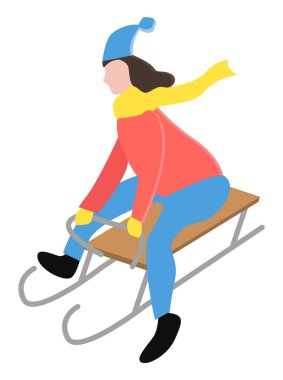 Çocuk ya da genç bir kadın yokuş aşağı kayıyor. Kız tek başına kızağa biniyor. Şapka, atkı, palto ve eldiven gibi kalın giysiler içinde yürüyen bir insan. Beyaz arka planda izole edilmiş insan. Düz olarak vektör illüstrasyonu