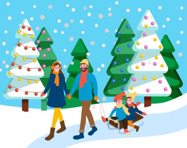 Kışın karlı ormanda aile gezintisi. Anne ve baba soğuk havada dışarıda el ele tutuşuyorlar. Çocuklar yokuş aşağı kayıyorlar. Ebeveynler çocuklarıyla aktif olarak zaman geçirirler. Düz biçimli vektör