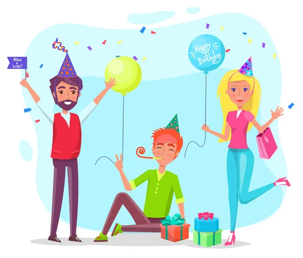 Fiesta Cumpleaños Con Amigos Gente Divierte Festejando Dando Regalos Día — Vector de stock