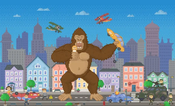 Pixel Konst Spel Med Monster Äter Medborgare Och Bilar Bitars — Stock vektor